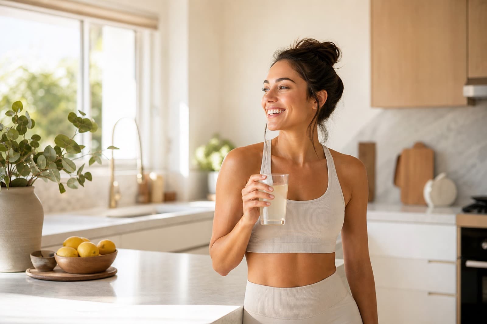 Happy woman with a glass in a sunny kitchen in the morning